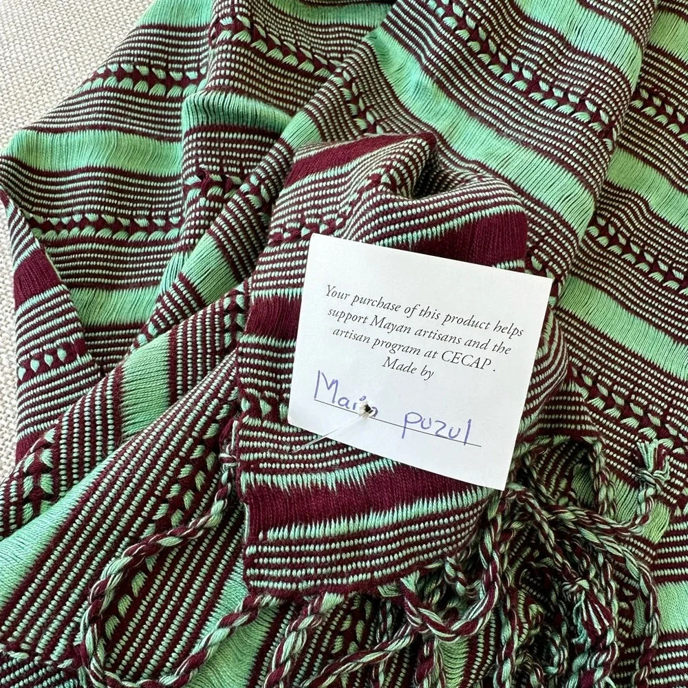 Beautiful Handwoven Reversible Guatemalan Scarf plum & green 62x10” New/tag